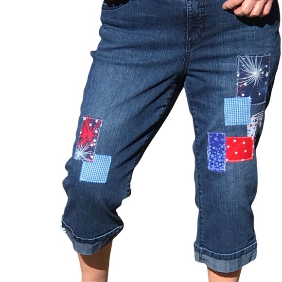 Upcycled Patchwork Jean Capris: Patriotic Theme Cropped Pants 4th of July, 12P - Picture 2 of 12